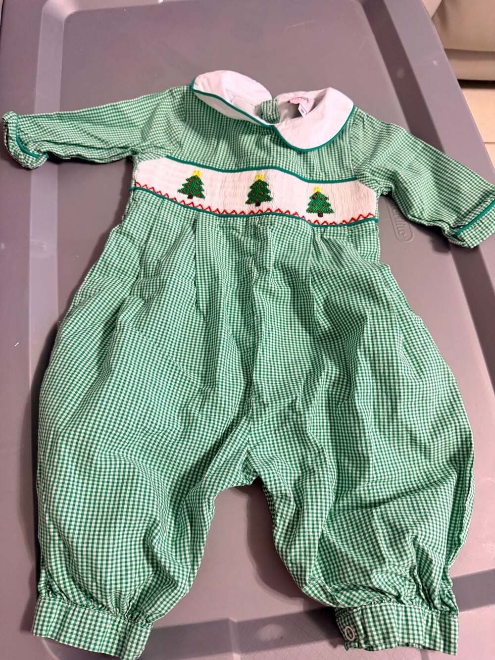 Shop Teeta Christmas Tree Smocked Romper Size 3M Green Gingham
